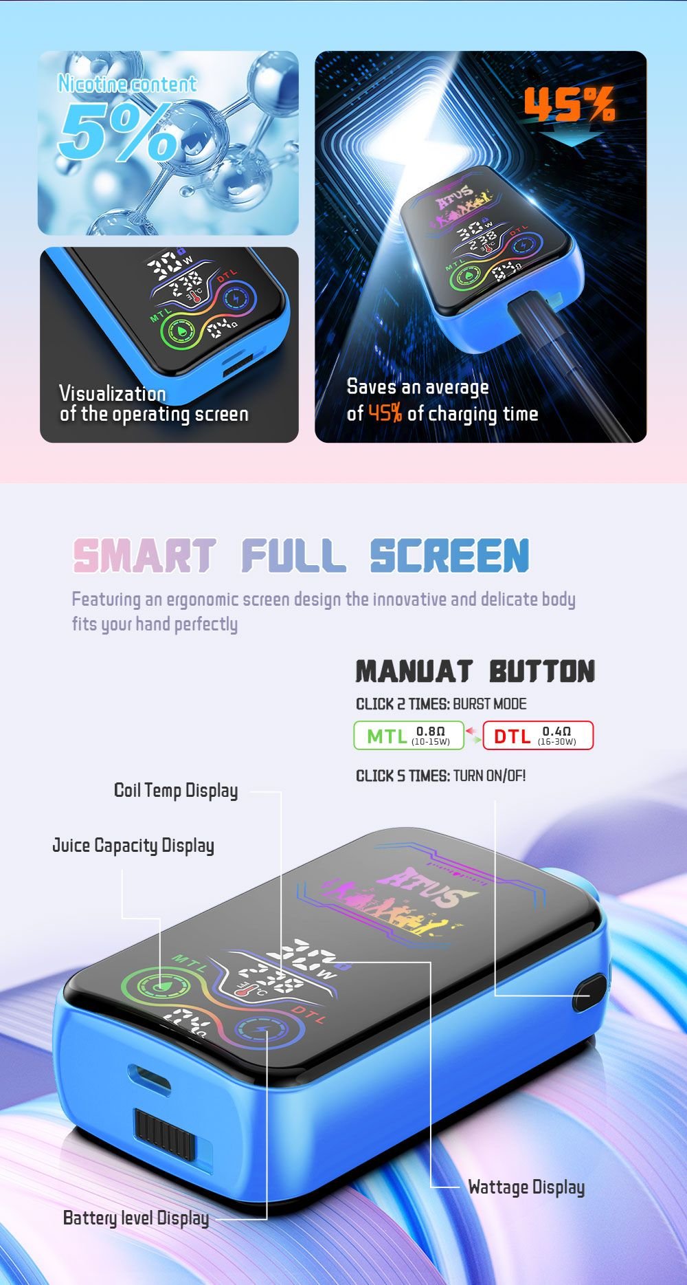 DE022 25000 Puffs Disposable Vape with Full screen rechargeable and adjustable airflow ATVS Vape